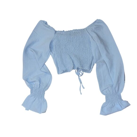 Articles Of Society Blue Off-Shoulder Smocked Crop Top S - Picture 6 of 7